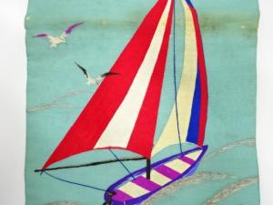 アンティーク　紗　ヨットにカモメ模様　刺繍　名古屋帯